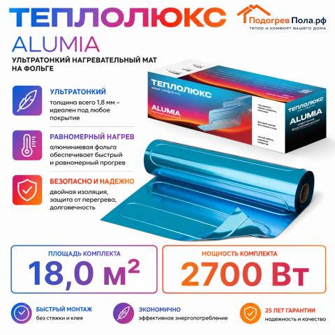 Ультратонкий нагревательный мат на фольге Теплолюкс Alumia 2700 Вт - 18,0 кв.м.