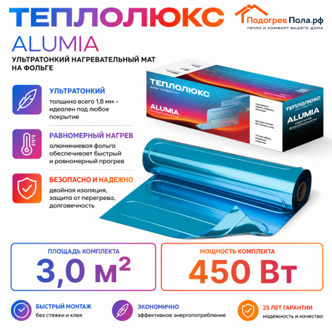 Ультратонкий нагревательный мат на фольге Теплолюкс Alumia 450 Вт - 3,0 кв.м.