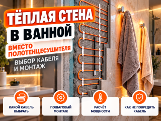Тёплая стена в ванной вместо полотенцесушителя: выбор кабеля и монтаж
