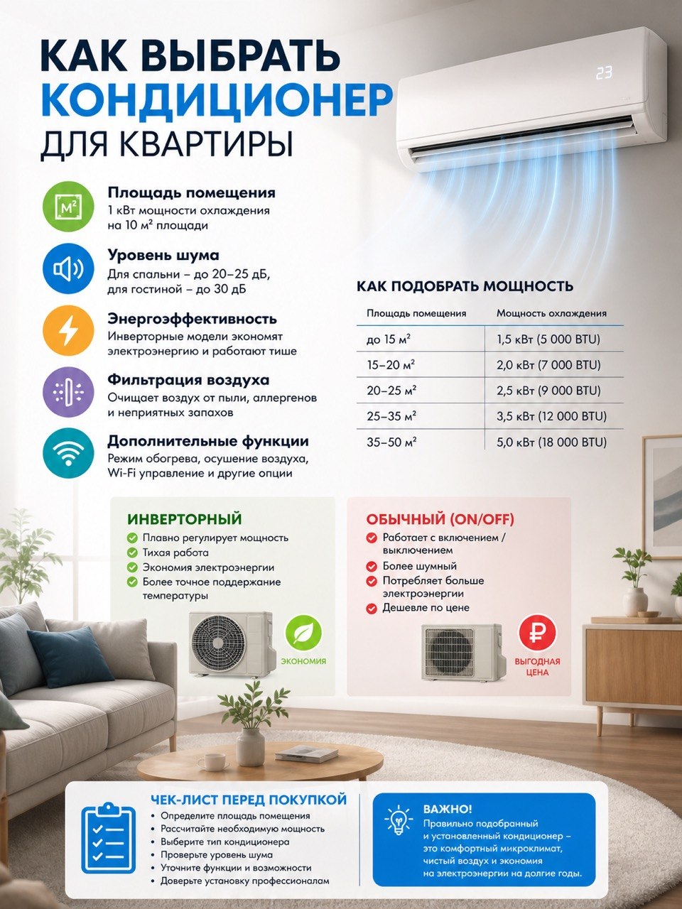 Как выбрать кондиционер для квартиры — подбор мощности, типы кондиционеров и советы