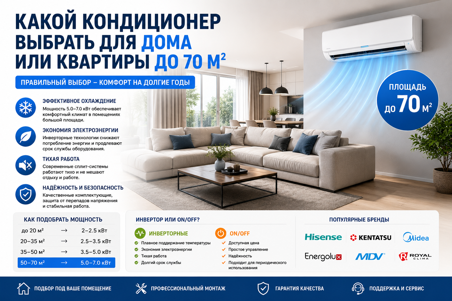 Какие кондиционеры подходят для площади 70 квадратных метров