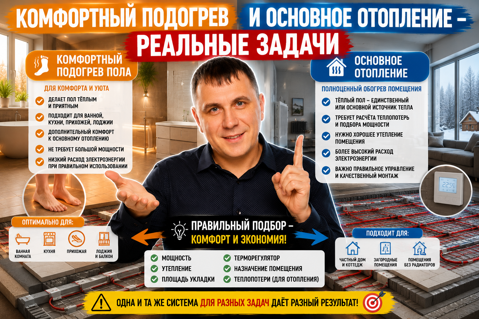 Комфортный подогрев и основное отопление это разные задачи