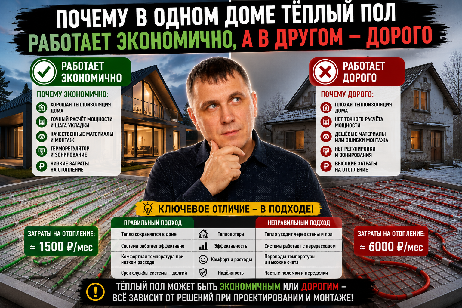 Почему в одном доме тёплый пол работает экономично а в другом дорого?