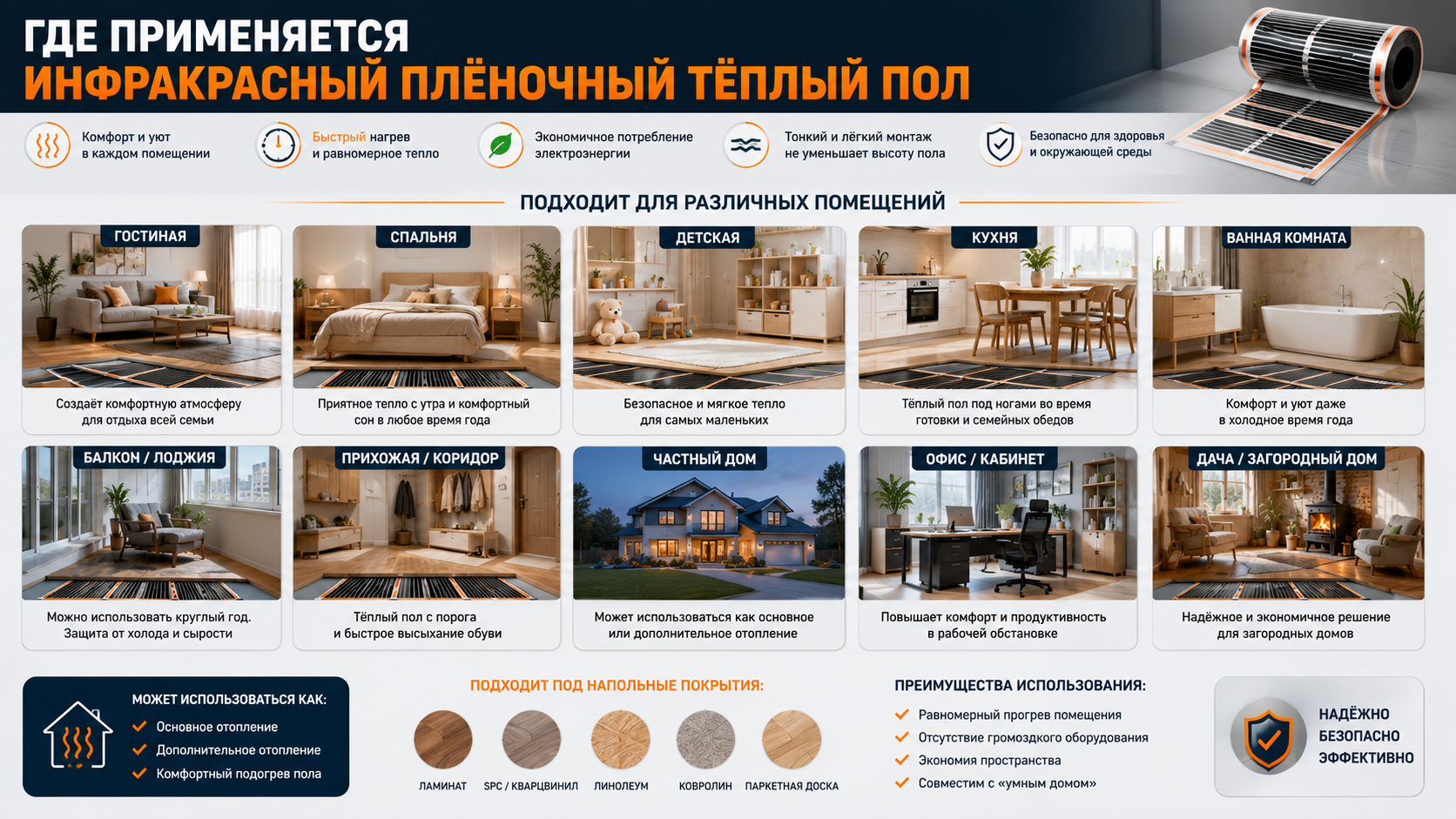 Где применяется инфракрасный плёночный тёплый пол