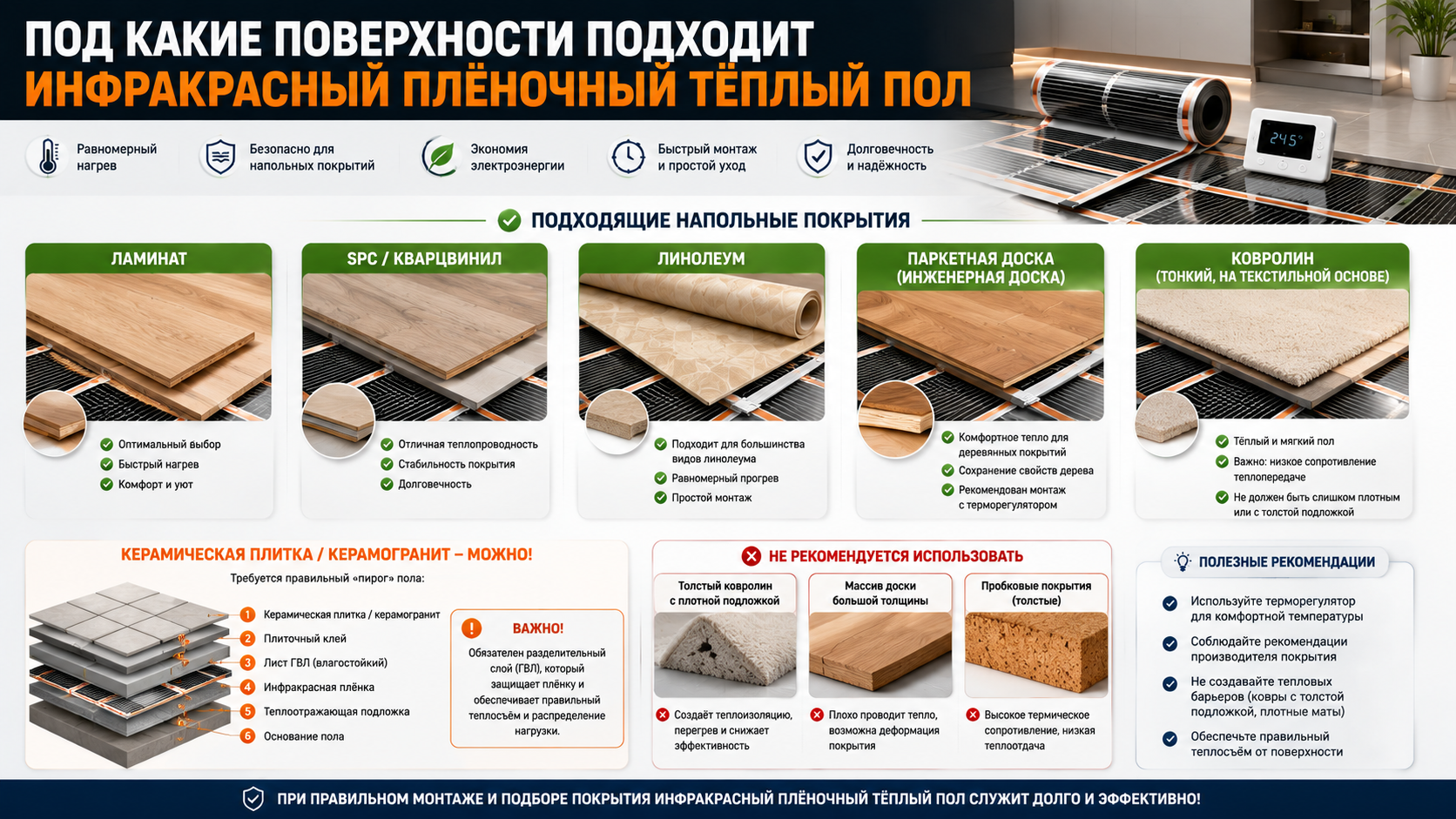 Под какие покрытия подходят инфракрасный тёплый пол