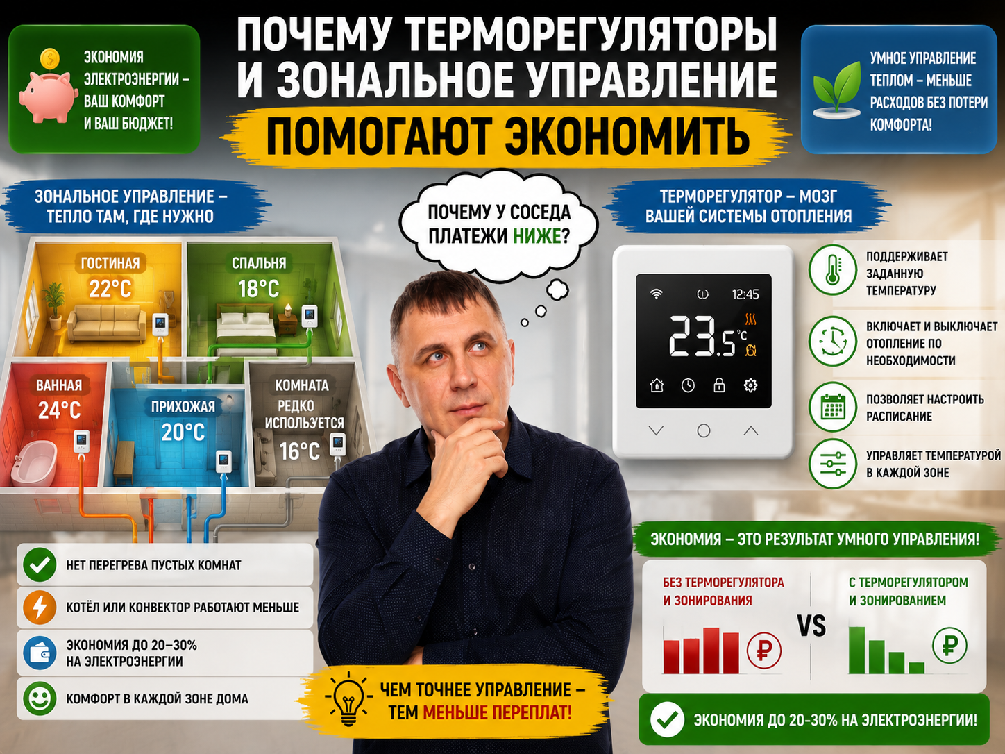 Почему терморегуляторы и зональное управление помогают экономить