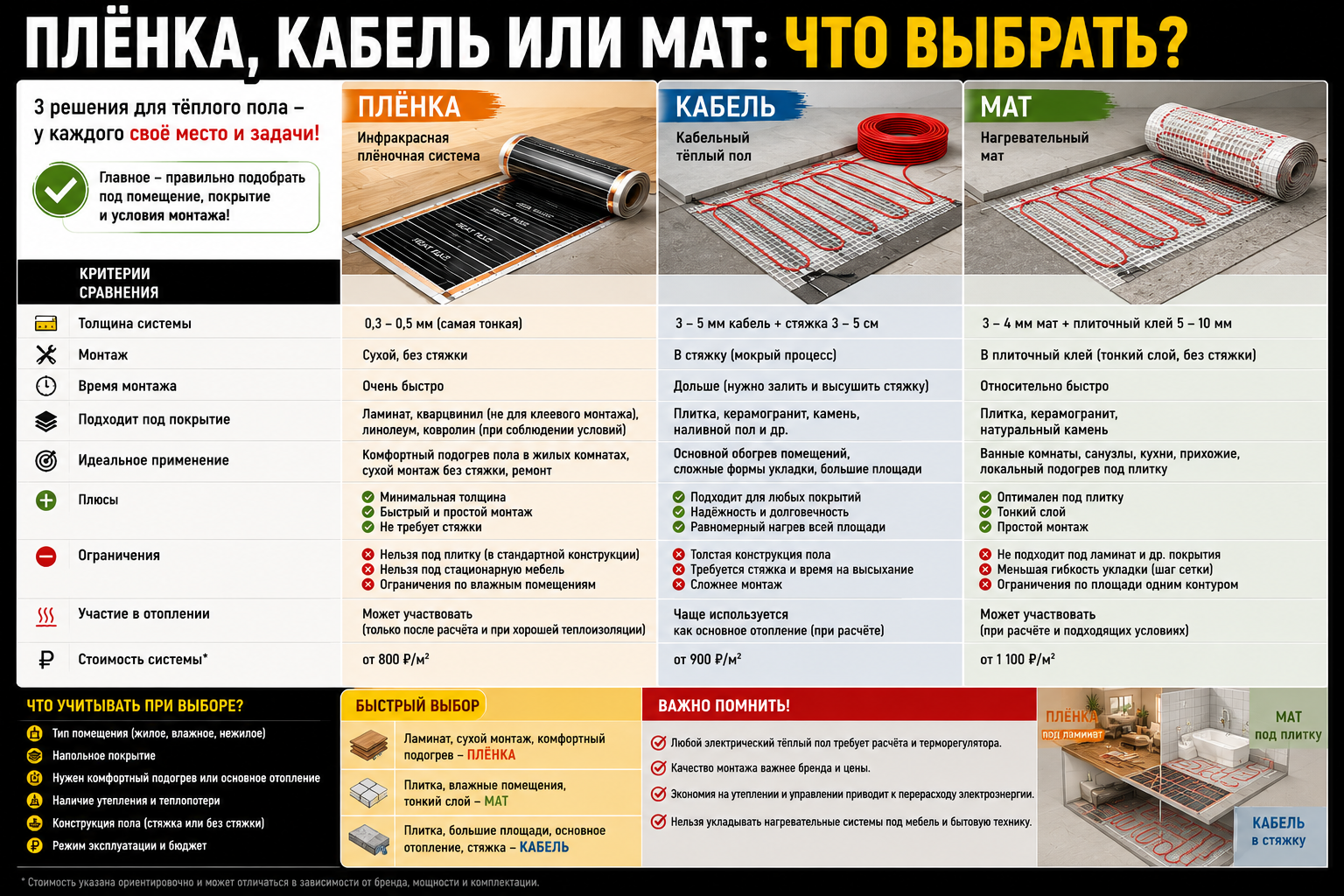 Плёнка, кабель или мат: что выбрать
