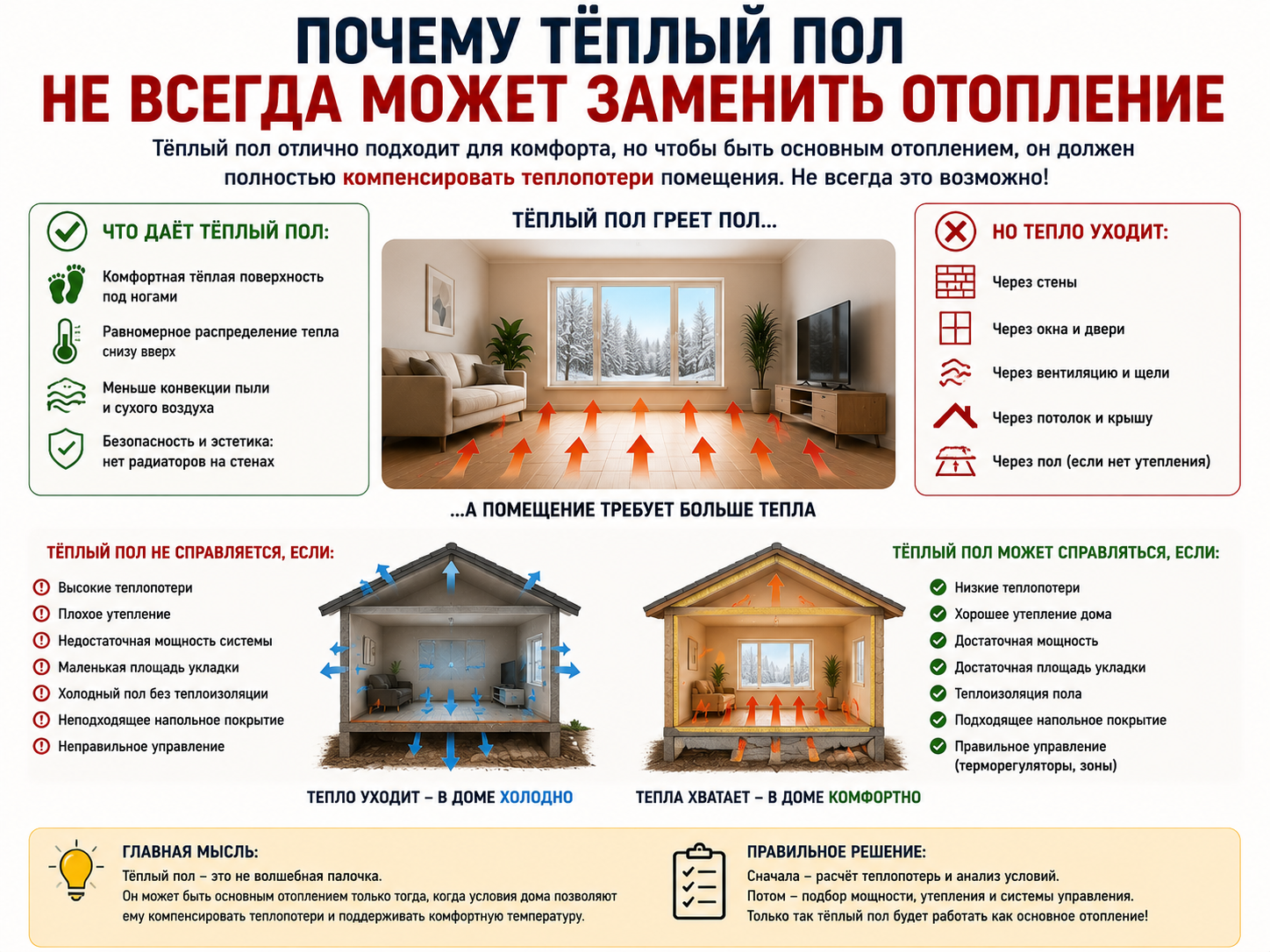 Почему тёплый пол не всегда может заменить отопление