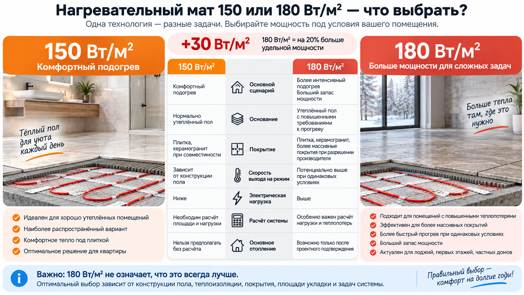 В чем практическая разница между нагревательными матами 150 Вт на квадратный метр и 180 Вт на квадратный метр