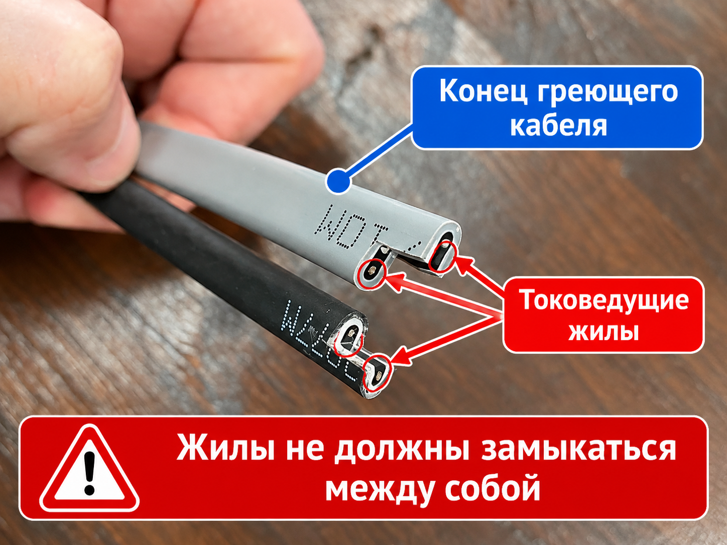 Шаг 7. Жилы на конце кабеля не соединяют между собой Раздельные токоведущие жилы на конце саморегулирующегося греющего кабеля