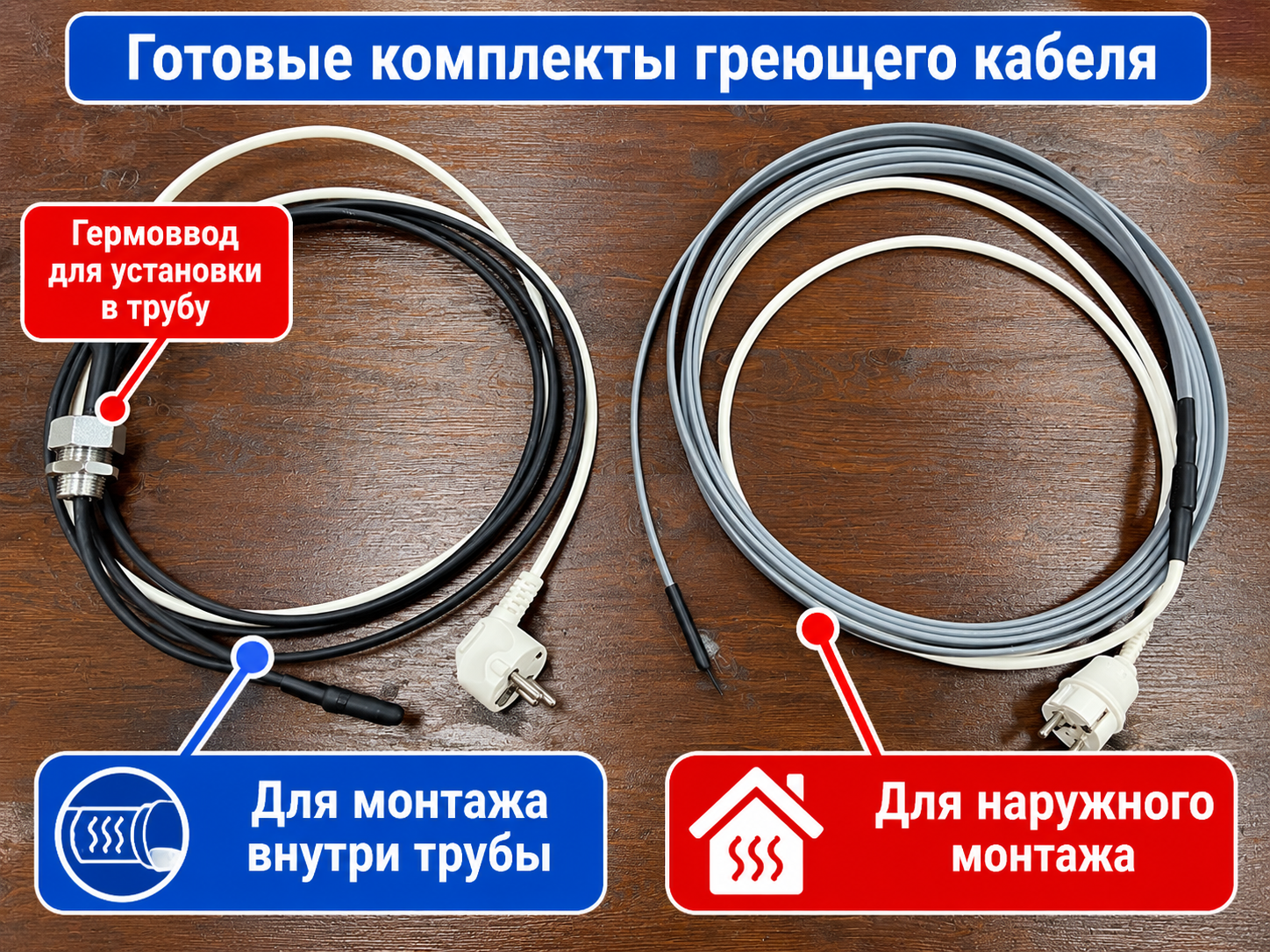 Готовые комплекты греющего кабеля для водопровода Два готовых комплекта греющего кабеля: для внутреннего и наружного монтажа