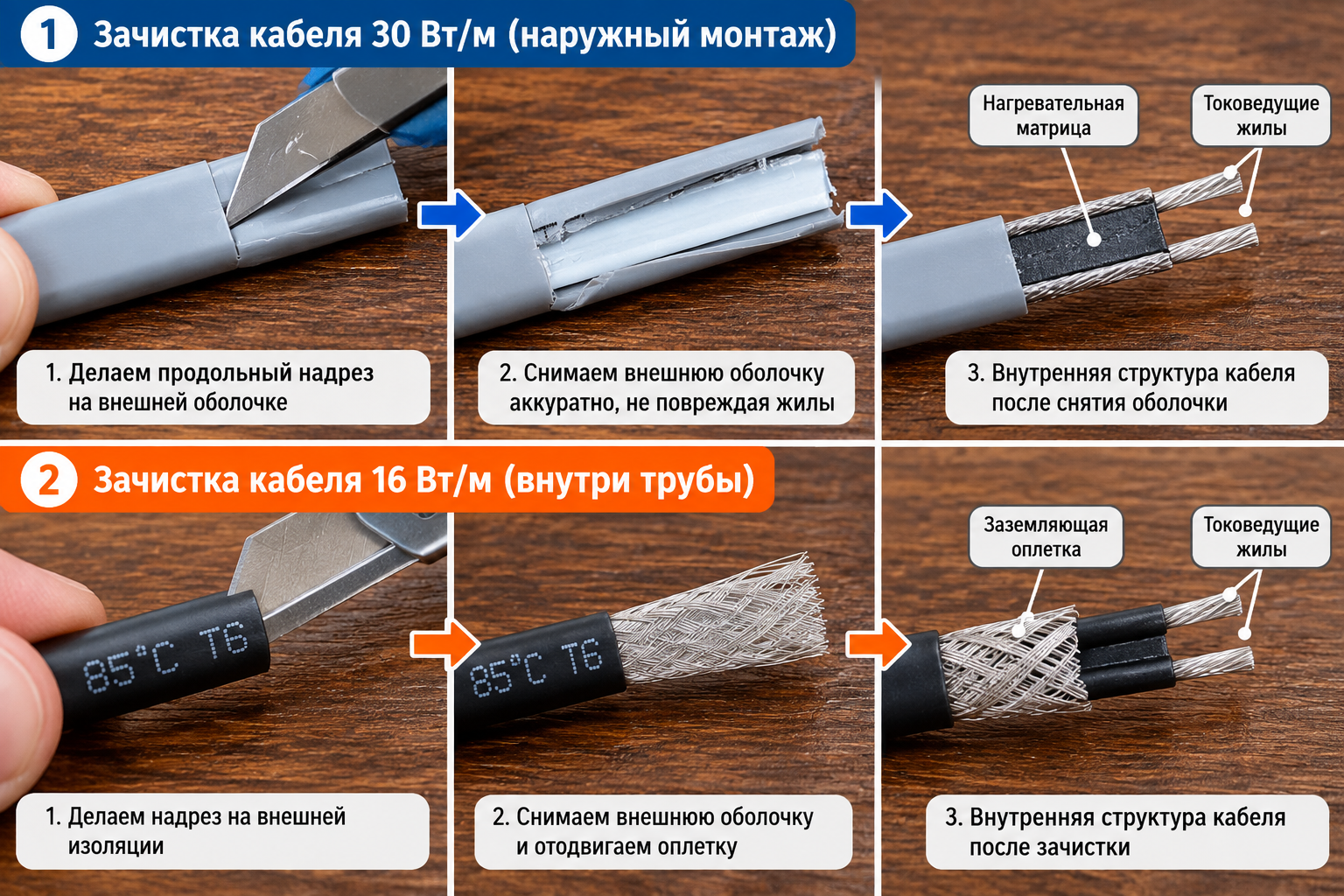Шаг 1. Подготовка греющего кабеля Снятие наружной оболочки и подготовка конца греющего кабеля