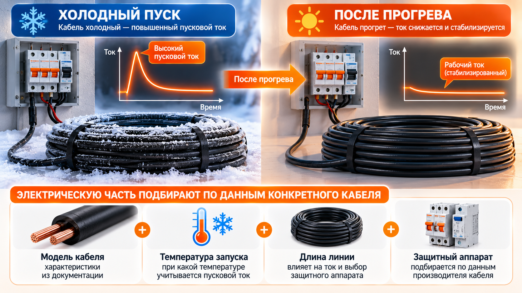 Холодный пуск саморегулирующегося греющего кабеля: повышенный пусковой ток и выбор защитного аппарата