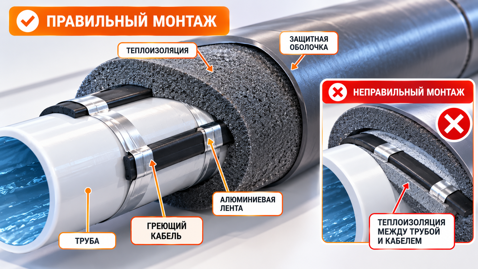 Правильный наружный монтаж саморегулирующегося греющего кабеля на водопроводной трубе под теплоизоляцией