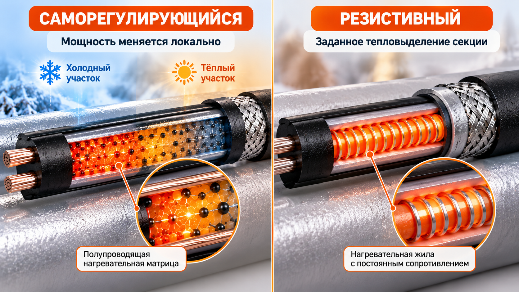 Сравнение саморегулирующегося и резистивного греющего кабеля: принцип работы и тепловыделение