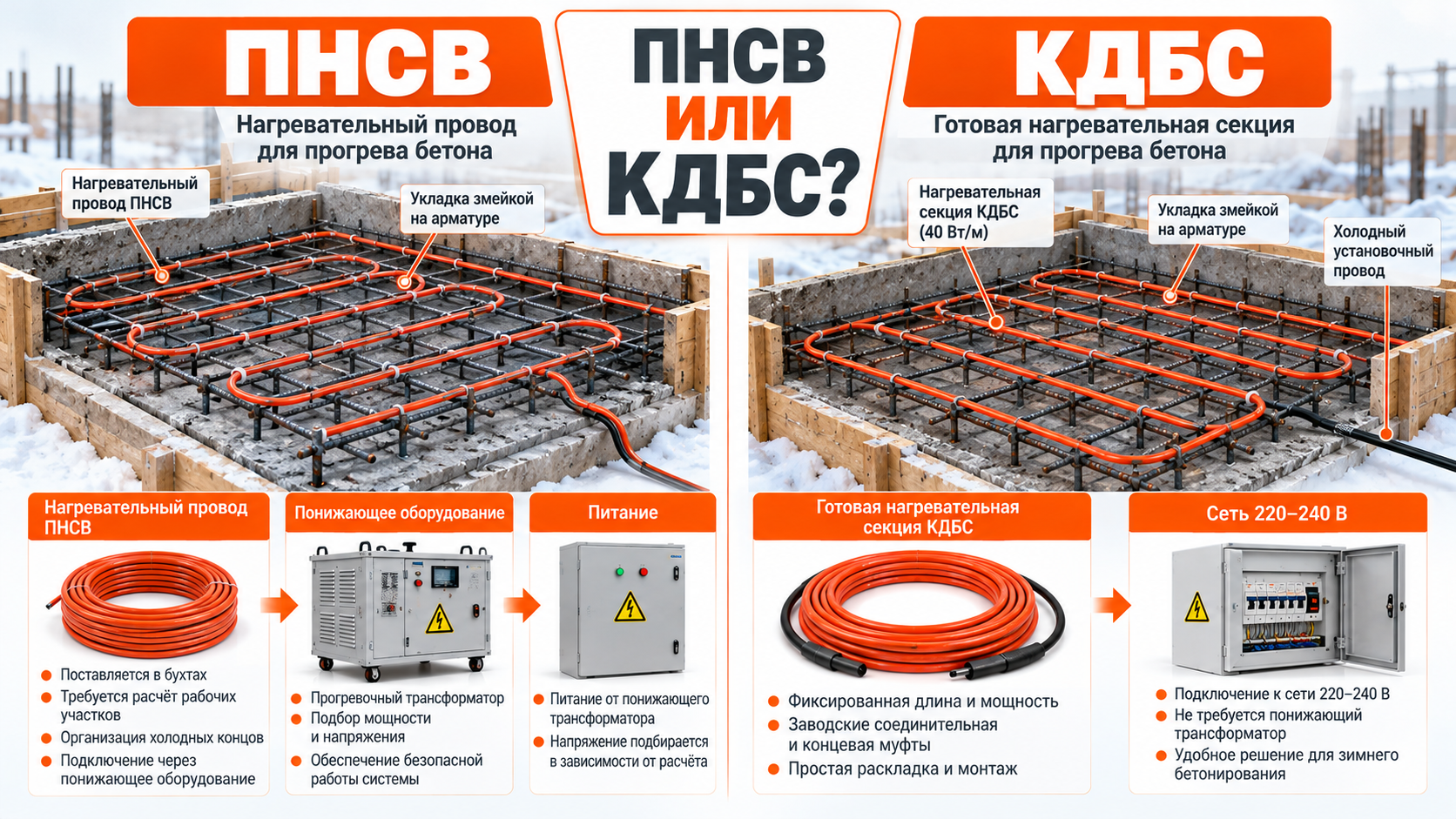 Монтаж нагревательного кабеля КДБС на арматуре перед заливкой бетона